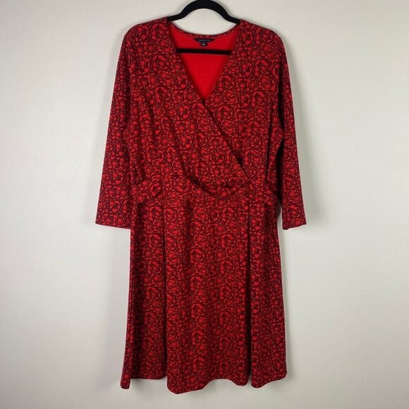 Lands End Fit Flare Dress Faux Wrap 3/4 Sleeves Knee Length Red Size 18 - Picture 1 of 10